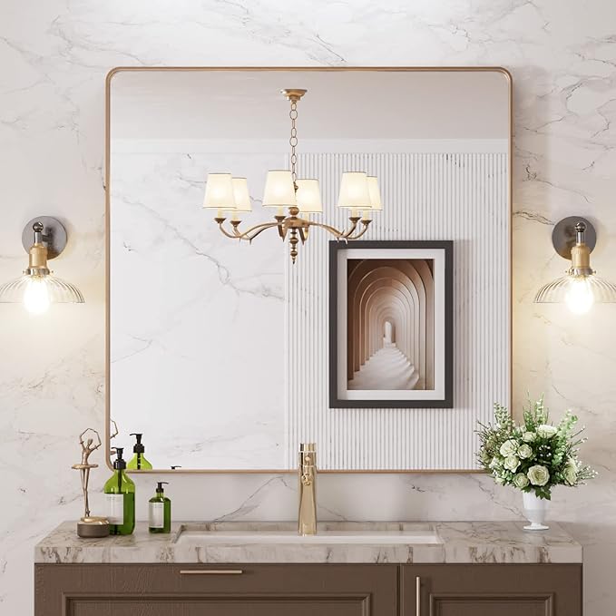 LOAAO 36”X36” Gold Bathroom Mirror, Rounded Rectangle Gold Frame Mirror by LOAAO