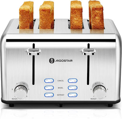 Aigostar Toaster 4 Slice 1.6" Wide Slot Stainless Steel Toasters by Aigostar