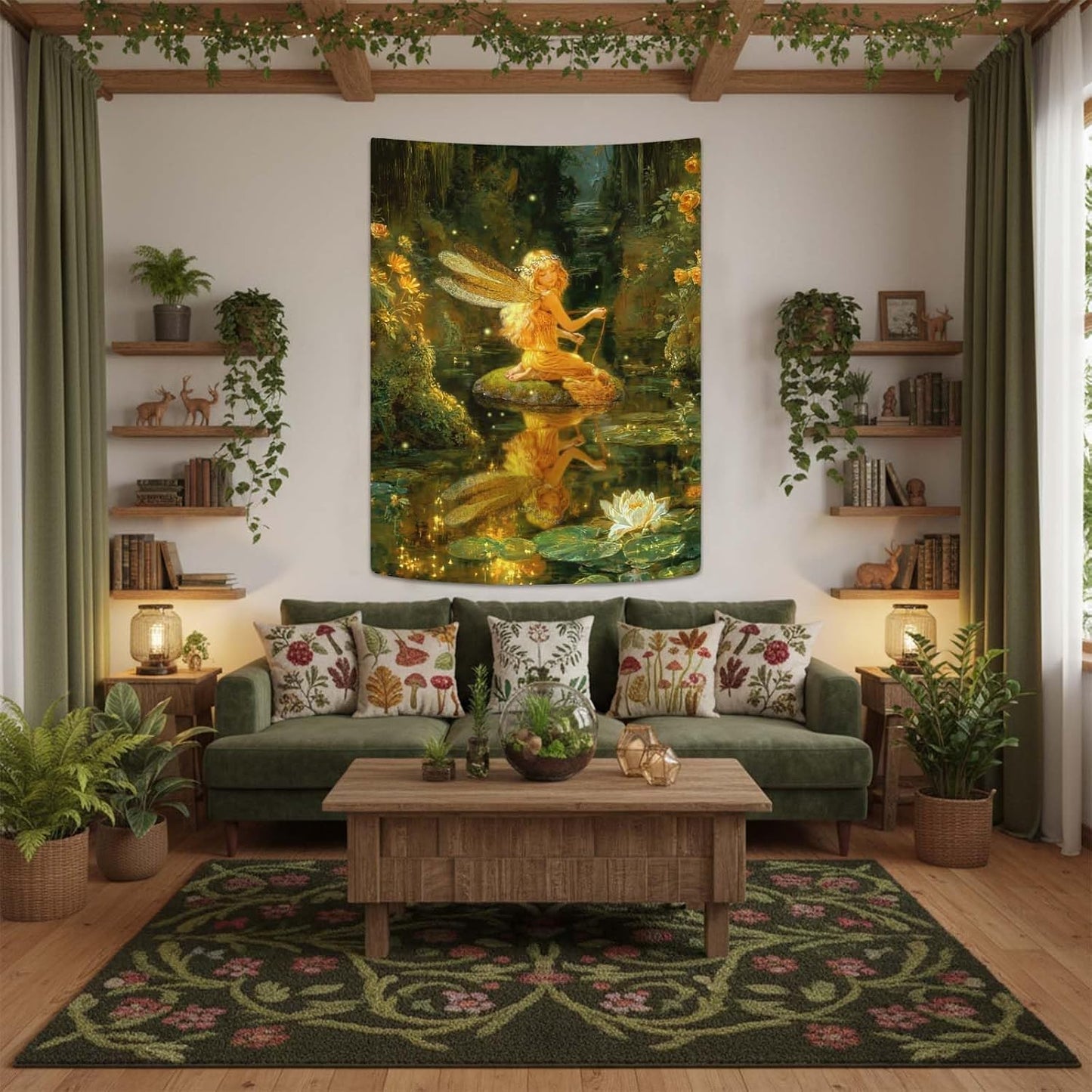 Lifeel Fairy Tale Tapestry, Dreamy Magic Forest Fantasy Water Lily Pond Tapestries Wall Hanging for Girls Bedroom Home Decor, Green 36x48 inches