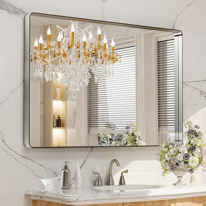 LOAAO 48X30 Inch Brushed Nickel Bathroom Mirror, Rounded Rectangle Silver Metal by LOAAO