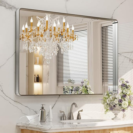 LOAAO 48X30 Inch Brushed Nickel Bathroom Mirror, Rounded Rectangle Silver Metal by LOAAO