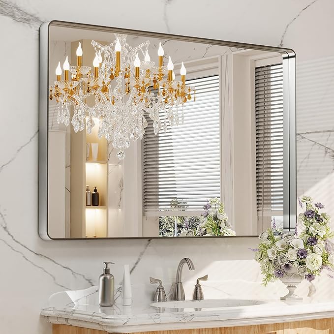 LOAAO 48X32 Inch Brushed Nickel Bathroom Mirror, Rounded Rectangle Silver Metal - Image 8