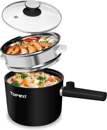 Topwit Hot Pot Electric with Steamer, 1.5L Ramen Cooker, Non-Stick Sauté Pan by TOPWIT