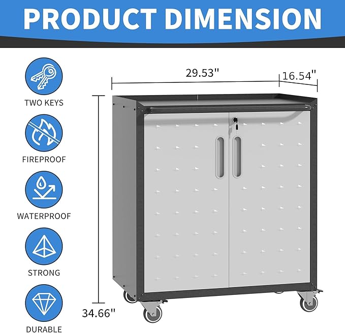 Metal Storage Cabinet with Wheels, Rolling Tool Cabinet with Doors and Shelves - Image 3