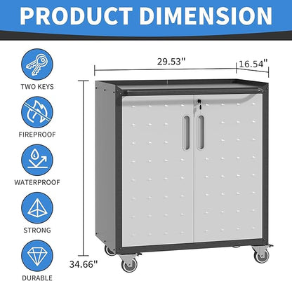 Metal Storage Cabinet with Wheels, Rolling Tool Cabinet with Doors and Shelves - Image 3
