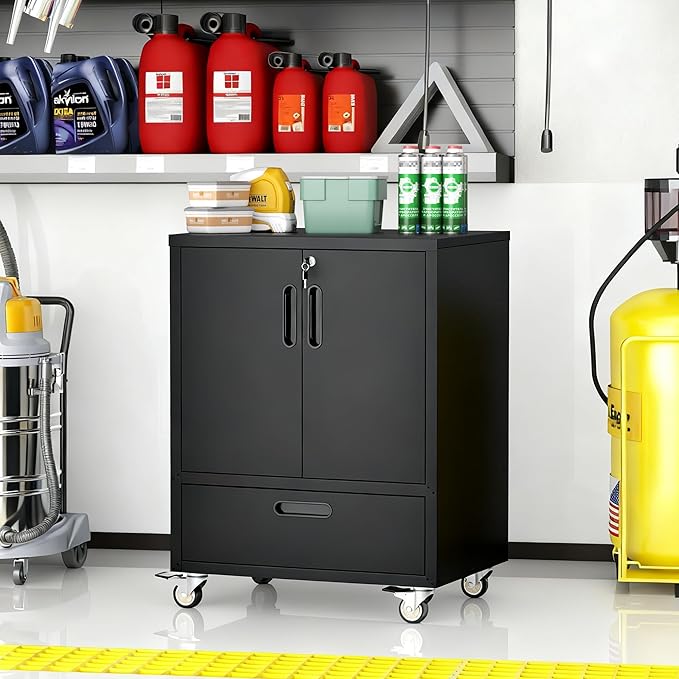 Metal Storage Cabinet with Wheels, Mobile Garage Storage Cabinet with 2 - Image 6