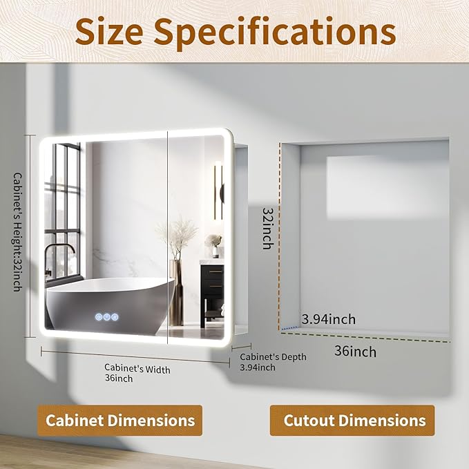 BEAUTYPEAK 36 x 32 LED Bathroom Medicine Cabinet Mirror, Adjustable Shelves - Image 2