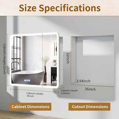 BEAUTYPEAK 36 x 32 LED Bathroom Medicine Cabinet Mirror, Adjustable Shelves - Image 2