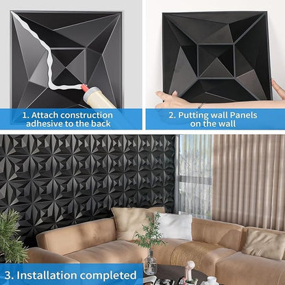 Greymond Black PVC 3D Wall Panels, 33 Pack 11.8''x11.8''Geometric Design - Image 6