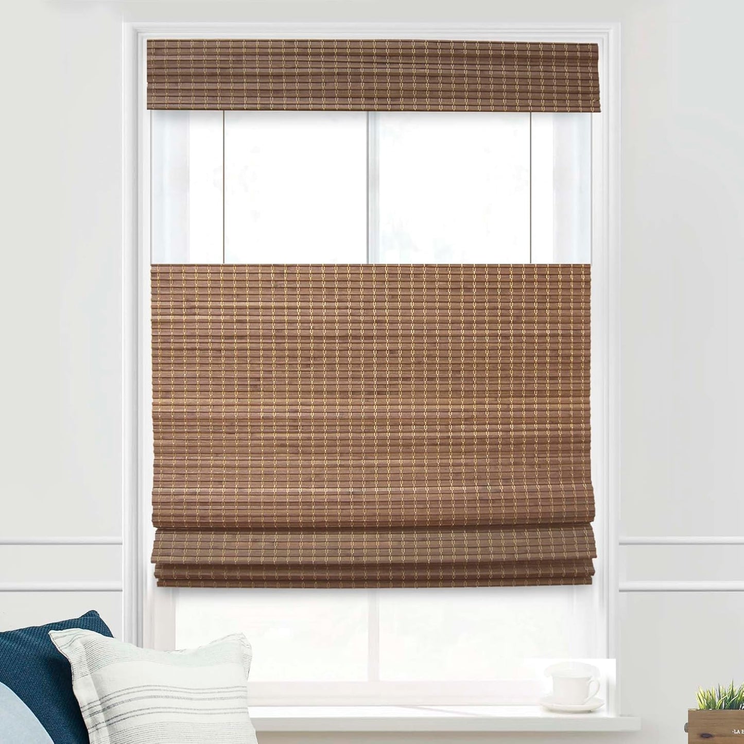 MOOD Custom Bamboo Shades | Rustic | Top Down Bottom Up Cordless | Bamboo Roman Shades for Windows and Doors (Natural Woven) | Rustic Oak (Great Privacy) | 56" W x 60" H
