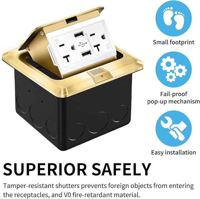 Vagueior Pop Up Floor Electrical Outlet Stainless Steel Box Kit, 5V/4.8A USB - Image 5