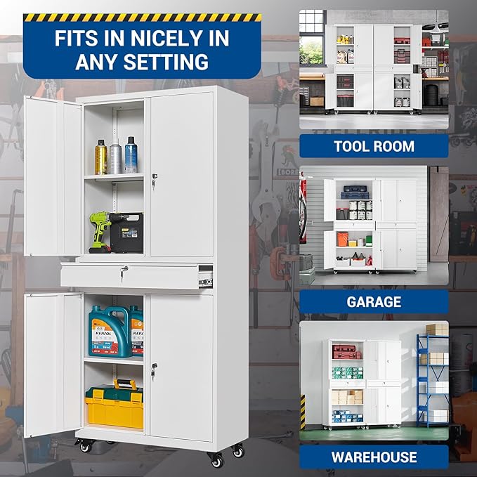 73" Metal Cabinet-White Heavy Duty Rolling Storage Cabinet Steel Tool Cabinets - Image 5