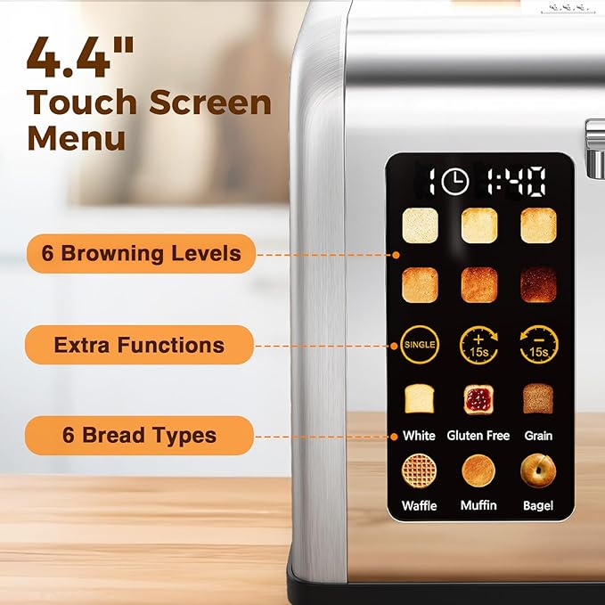 2 Slice Easy Touch Screen Toaster, Stainless Steel Toaster - Image 3