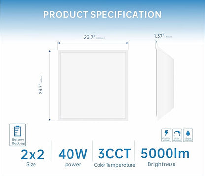 2X2 LED Flat Panel Light Emergency Battery Backup, 40W-3000K/4000K/5000K - Image 3