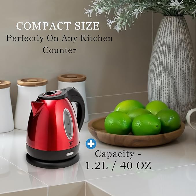 Moss & Stone 1.2L Stainless Steel Small Electric Kettle Red Color, Cordless - Image 3
