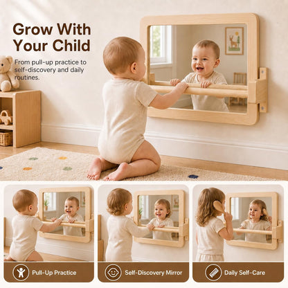 Ogears Montessori Mirror with Bar, Acrylic Baby Mirror with Pull Up Bar | Anti-rotation baby pull up bar, solid wood frame, wall-mounted, 19.7 x 15.8 in, for ages 6-18 months, standing and balance
