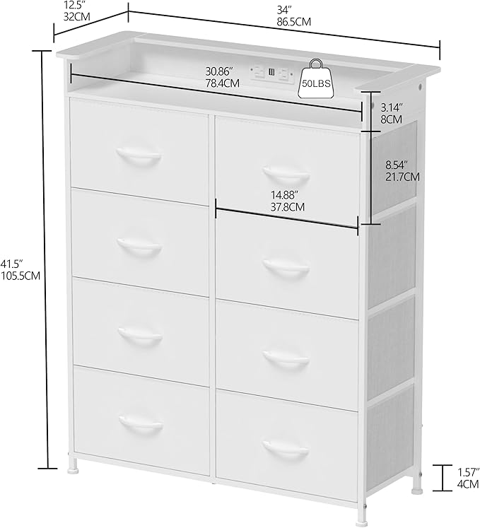 White Dresser for Bedroom with Power Outlets and LED Lights Narrow 8 Fabric - Image 2