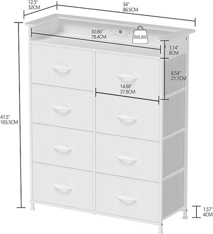White Dresser for Bedroom with Power Outlets and LED Lights Narrow 8 Fabric - Image 2