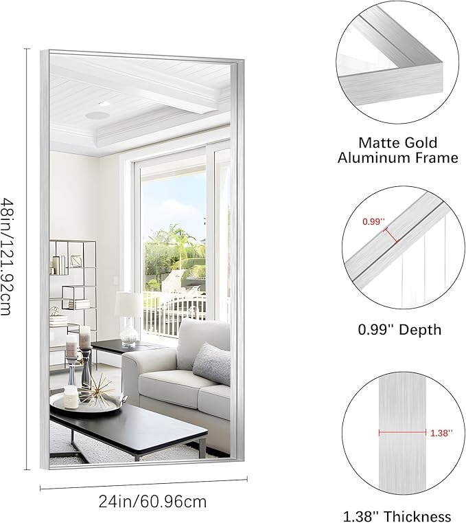Silver Bathroom Mirror, 24x48 Inch Rectangular Framed Mirror, Large Wall - Image 4