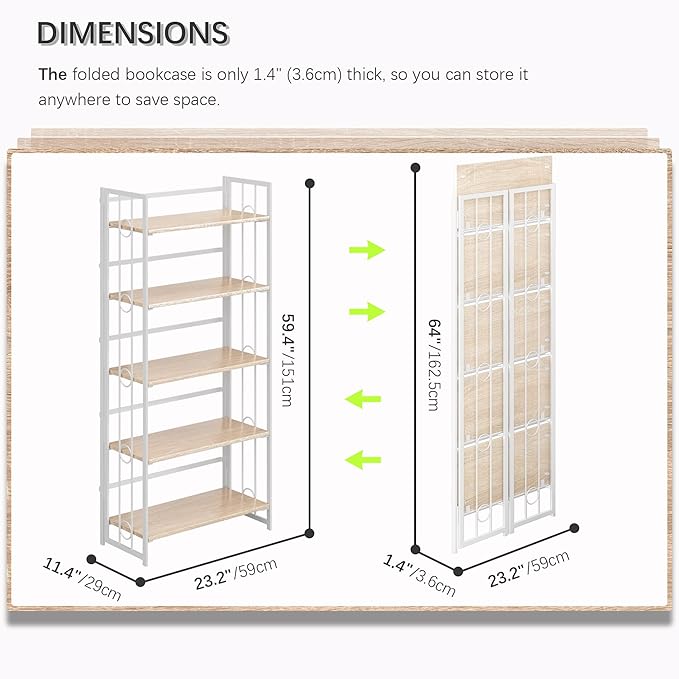 4NM No Assembly 5 Tiers Folding Bookshelf, 59.4" H Foldable Storage Shelves - Image 2