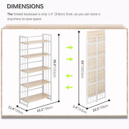 4NM No Assembly 5 Tiers Folding Bookshelf, 59.4" H Foldable Storage Shelves - Image 2