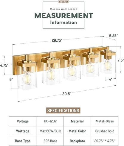 METWET Bathroom Light Fixtures, 5-Light Modern Wall Sconces - Image 2