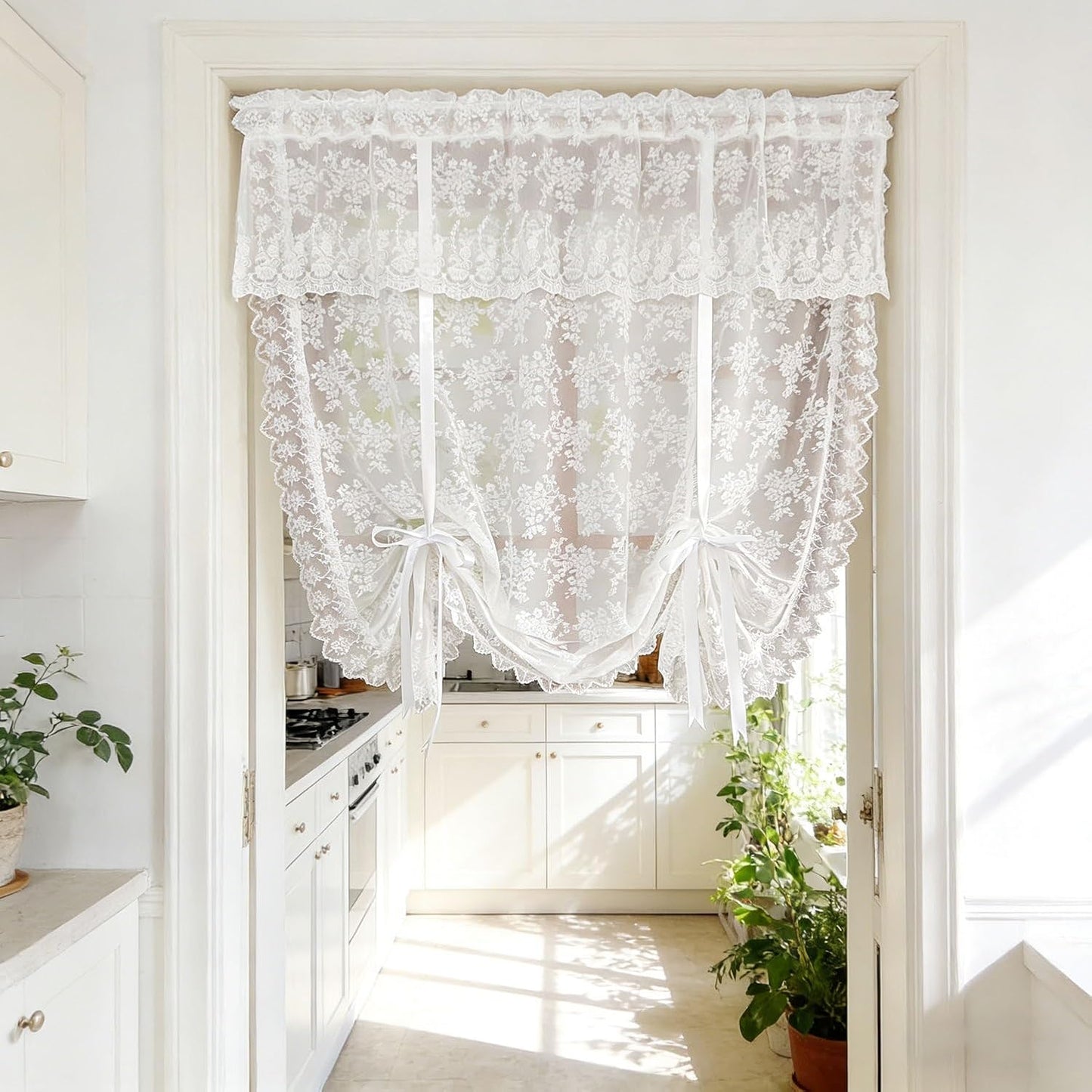 White Floral Lace Tie Up Curtain, Adjustable Lift Balloon Window Shade | Scalloped Edge Kitchen Curtain, Light Filtering Sheer Lace Curtain for Cafe Bathroom Rod Pocket, 1 Panel (W35 L39 inch)