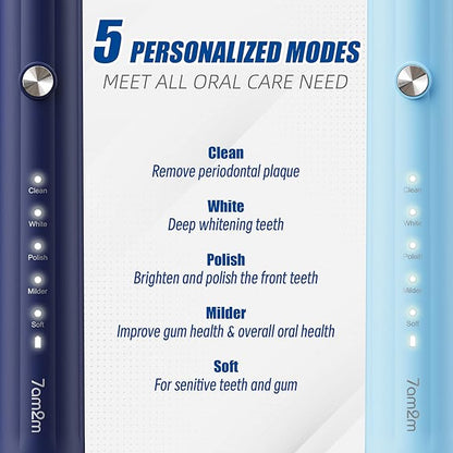 7AM2M Rechargeable Sonic Electric Toothbrush 2 Pack, Soft Toothbrushes - Image 2