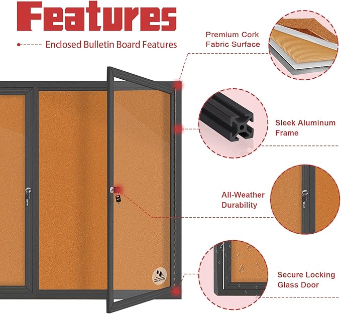 Enclosed Bulletin Board Lockable, Double-Door Weatherproof Outdoor Noticeboard - Image 3