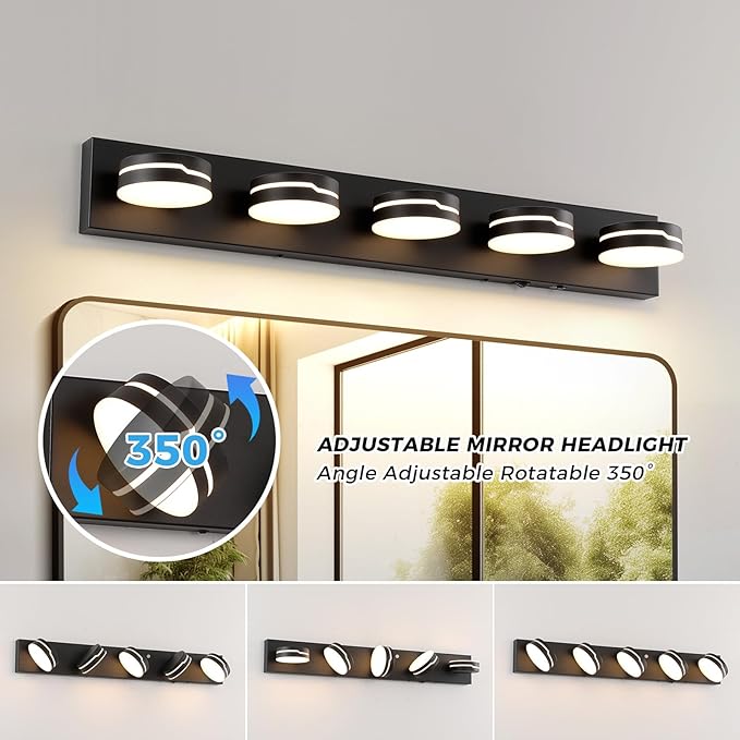 32" Motion Sensor Vanity Light, Matte Black 3CCT 5-Light Modern LED Bathroom - Image 2
