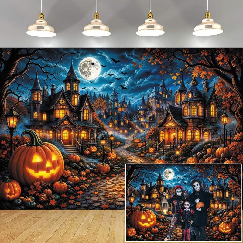Halloween Spooky Haunted House Backdrop 10x8ft, Full Moon Pumpkin Village Cas...