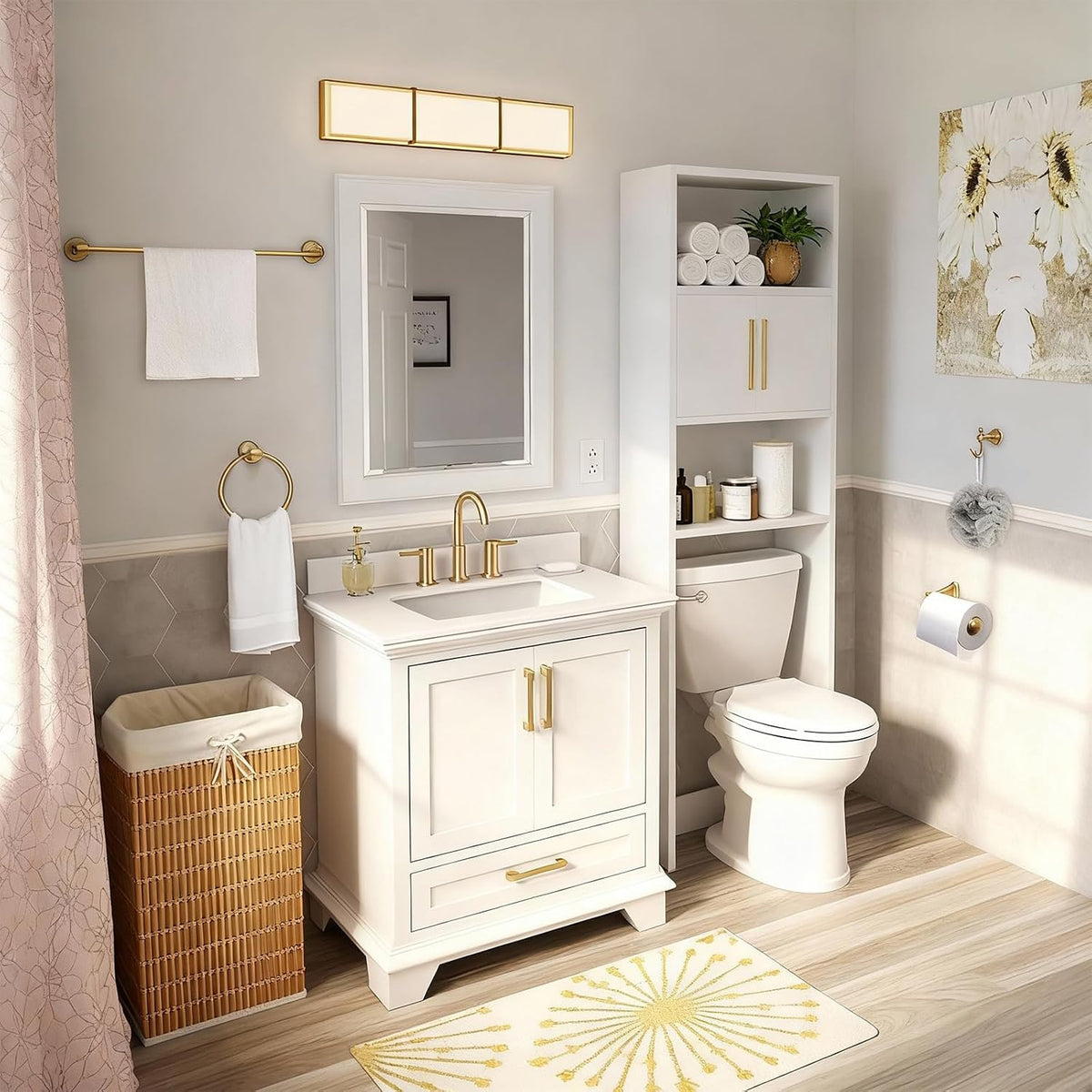 4 piece antique brass gold bathroom towel bar showing dimensions