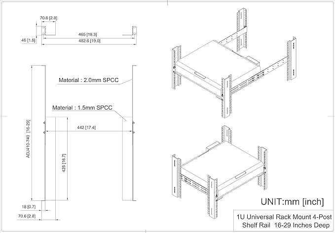QiaoYoubang 1U Universal Rack Mount Rails- 4-Post Server Rack Shelf Rail 16-29 - Image 5