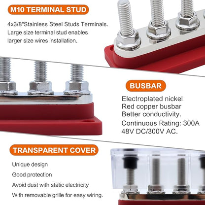 AMOMD 300A Bus Bars 4 Terminal Studs M10 Nickel Plated Copper Distribution - Image 3