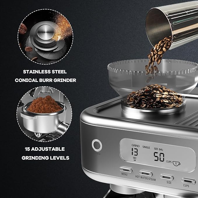 IDEALHOUSE Espresso Maker with Grinder, Milk Frother, 15 Bar Pump, 15 Grind - Image 4
