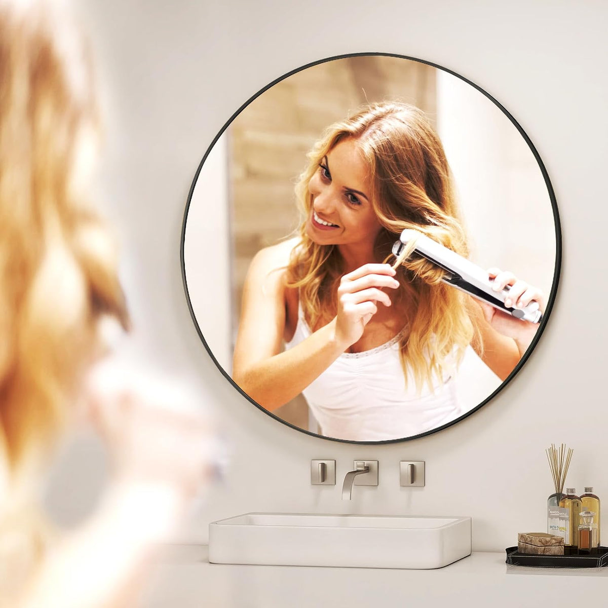 42 Inch Round Bathroom Mirror - Black Wall Mounted Circle Mirror with Metal Frame, Modern Round Hanging Mirror Suitable for Bathroom, Vanity, Entryway, Living Room