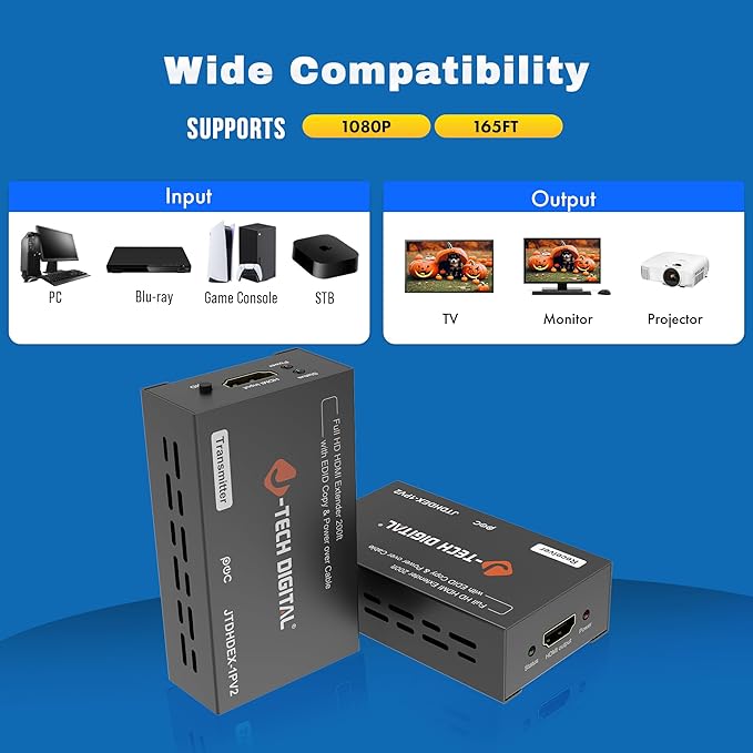 J-Tech Digital HDMI Extender 1080P 60Hz Over Single CAT 5e/6/7 PoC up to 165ft - Image 3