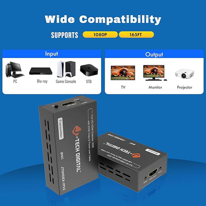 J-Tech Digital HDMI Extender 1080P 60Hz Over Single CAT 5e/6/7 PoC up to 165ft - Image 3