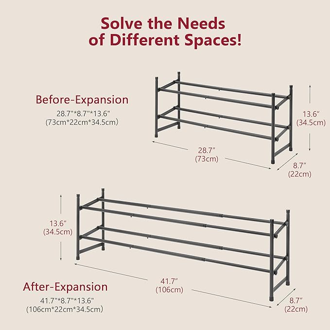Tajsoon Expandable Shoe Rack for Closet 2 Tier, 28“-41“ Adjustable & Stackable - Image 3