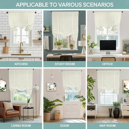 Beige Stripes Seamless Tie Up Curtains for Windows, Modern Minimalist Art Rod Pocket Window Shade Adjustable Balloon Curtain Valance for Bedroom Kitchen Bathroom Blinds 34x45in
