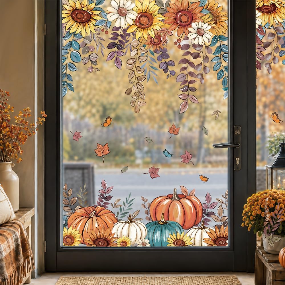 8 Sheets Fall Window Clings Sunflower Pumpkin Sticker Autumn Glass Decor | Butterfly Hanging Vine Leaves Window Decals Static Reusable for Thanksgiving Harvest Party Decoration Home Office Decorations