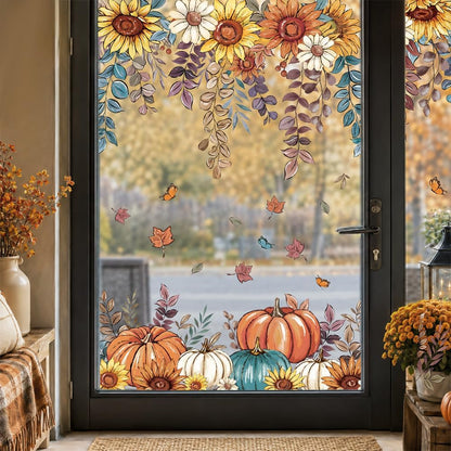 8 Sheets Fall Window Clings Sunflower Pumpkin Sticker Autumn Glass Decor | Butterfly Hanging Vine Leaves Window Decals Static Reusable for Thanksgiving Harvest Party Decoration Home Office Decorations