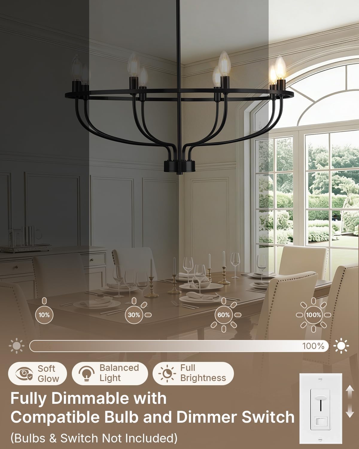 Yunnix 8 Light Black Chandelier for Dining Room Light, 30 Inch Round Large Ca...