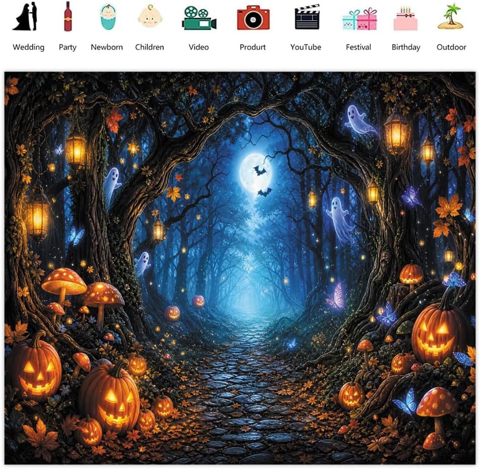 Leowefowa Halloween Enchanted Forest Backdrop 10x8ft Cute Ghost Glowing Lante...