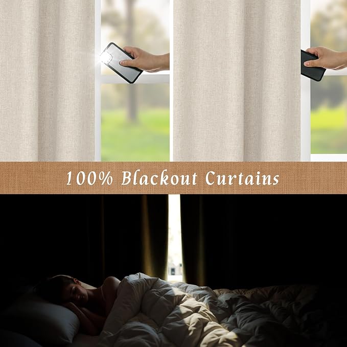 LAMIT Oatmeal 100% Blackout Linen Curtains, 84 Inch Linen Textured Living Room - Image 4