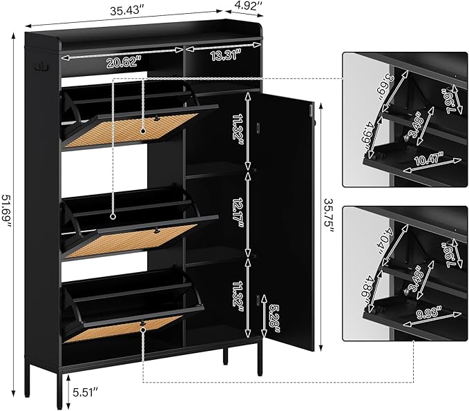 Rattan Wooden Shoe Cabinet, Freestanding 3-Flip Drawer Shoe Storage Organizer - Image 2