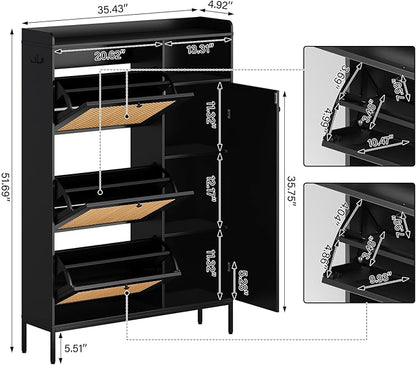 Rattan Wooden Shoe Cabinet, Freestanding 3-Flip Drawer Shoe Storage Organizer - Image 2