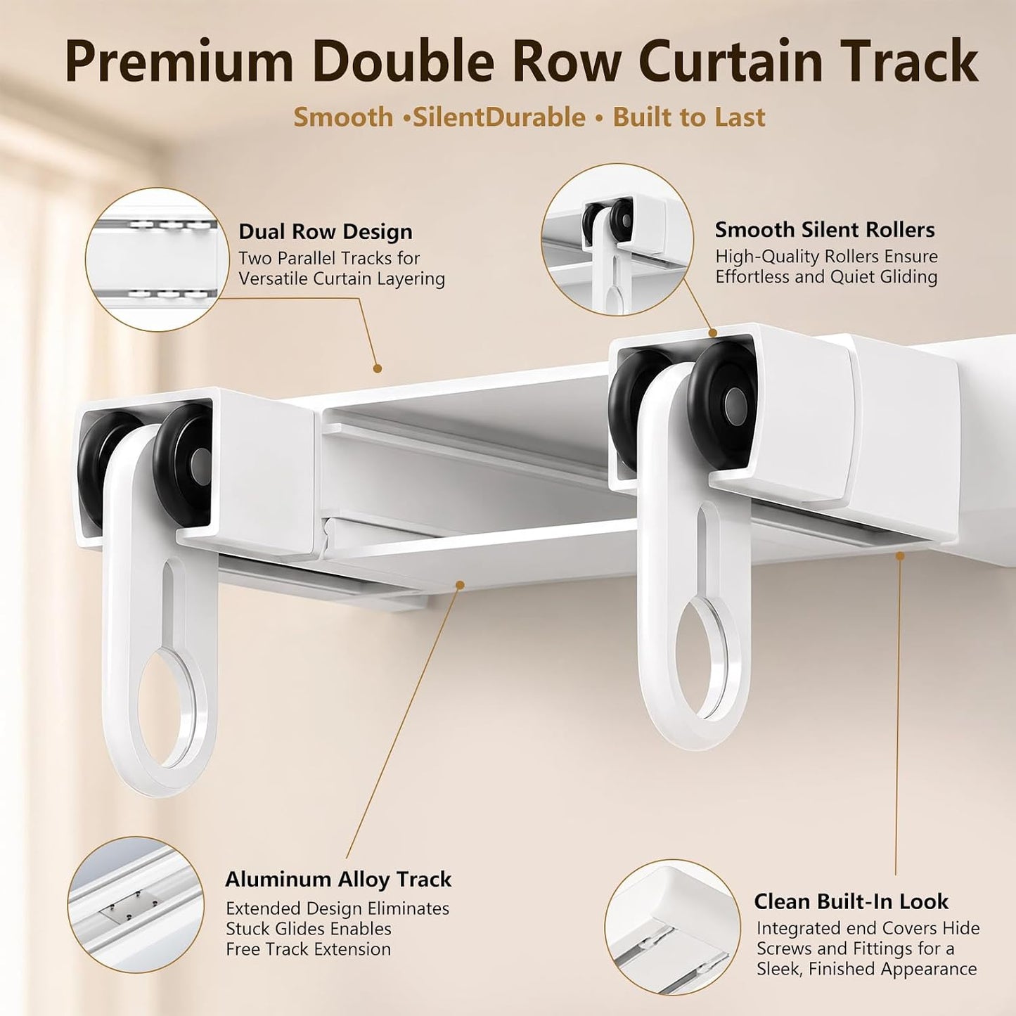 Double Curtain Track Ceiling Mount - Heavy Duty Curtain Track Rail System | Hidden Sliding Design, Easy to Install and Clean for Hotel, Hospital, Bedroom & Living Room, White, 9FT - 12FT