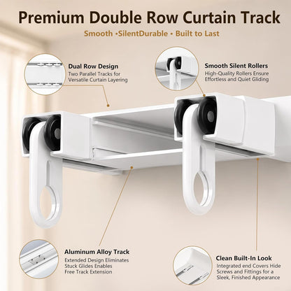 Double Curtain Track Ceiling Mount - Heavy Duty Curtain Track Rail System | Hidden Sliding Design, Easy to Install and Clean for Hotel, Hospital, Bedroom & Living Room, White, 9FT - 12FT