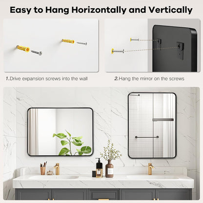 Black Bathroom Vanity Mirror Over Sink 26x32, Wall Mounted Mirror | Rosynee Matte Metal Framed Rectangle Mirror for Living Room, Bedroom, Restroom, Farmhouse, Hallway, Entryway Decor